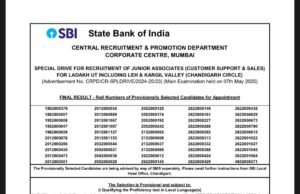 SBI Declares Final Result for JA (Special Drive for Ladakh)