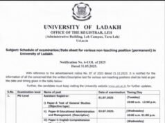 Schedule of Examination/Date Sheet for Various Non-Teaching (Permanent) Positions at the University of Ladakh