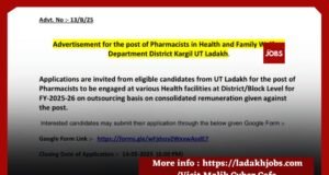 Pharmacist Post in Health & Family Department Kargil.