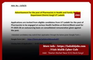 Pharmacist Post in Health & Family Department Kargil.