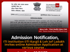Admission Notice for Government ITIs of UT Ladakh (Session 2025-26/27)