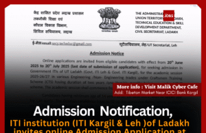 Admission Notice for Government ITIs of UT Ladakh (Session 2025-26/27)