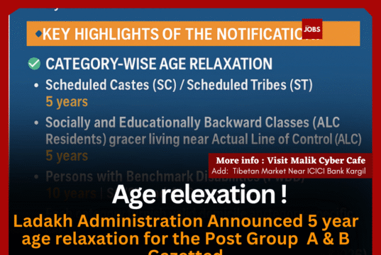 Ladakh Administration Grants Age Relaxation for Group A & B Gazetted Posts Recruitment